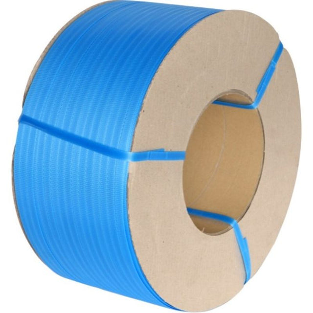 Blue polypropylene strapping band, 12mm x 3000m, 0.65mm thickness, strong and flexible for efficient palletizing and bundling.