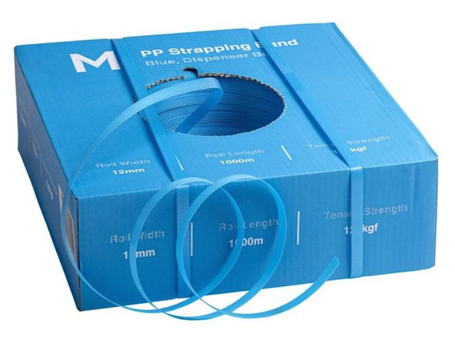 Blue PP Hand Strapping Band, 12mm x 1000m, 0.60mm thick, strong and flexible for reliable bundling and packaging.