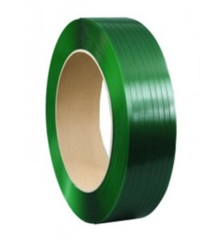 Green embossed PET strapping band, 16mm x 1200m, 600kgf tensile strength, lightweight, recyclable, ideal for secure packaging.