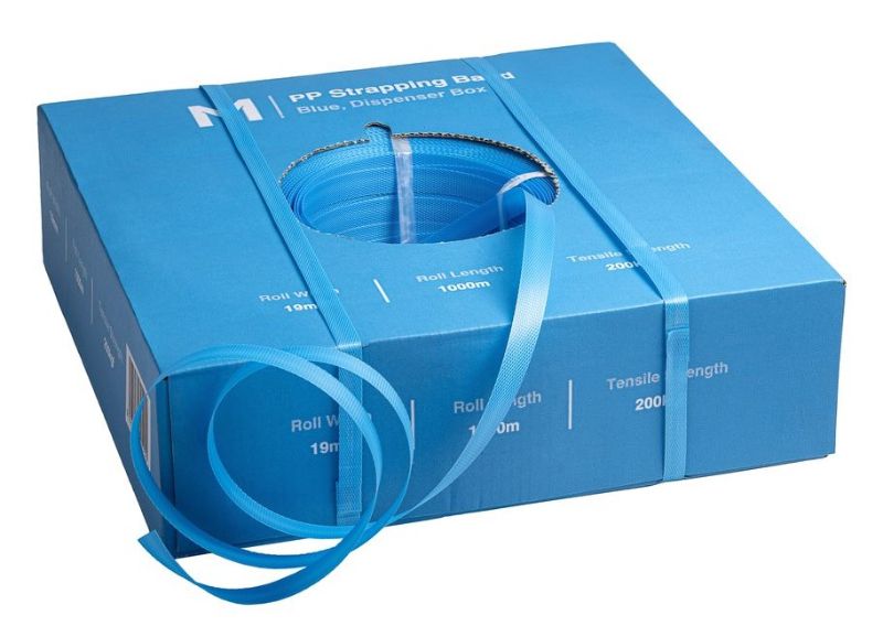Vibrant blue polypropylene hand strapping band, 19mm wide, 1000m long, strong 200kgf breaking strength, ideal for packaging.