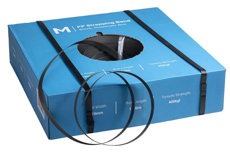 Black polypropylene hand strapping band, 19mm x 1000m, 400kgf tensile strength, ideal for heavy load securement.