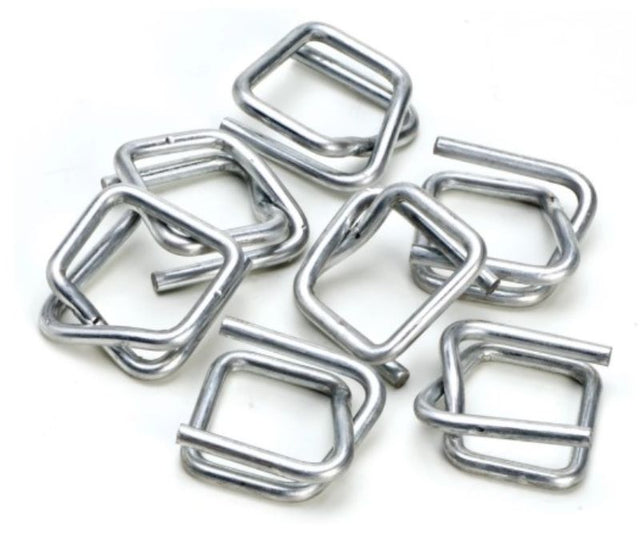 Light duty silver wire buckles, 12mm, 2.5 gauge, designed for reliable hand tensioning of polypropylene strapping. Box of 2000.
