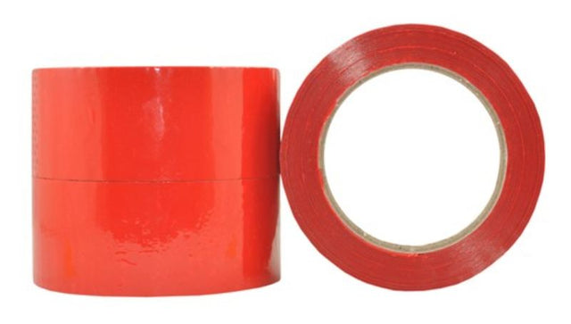 Bright red acrylic packaging tape, 48mm x 100m, strong and durable, perfect for secure sealing and heavy-duty applications.