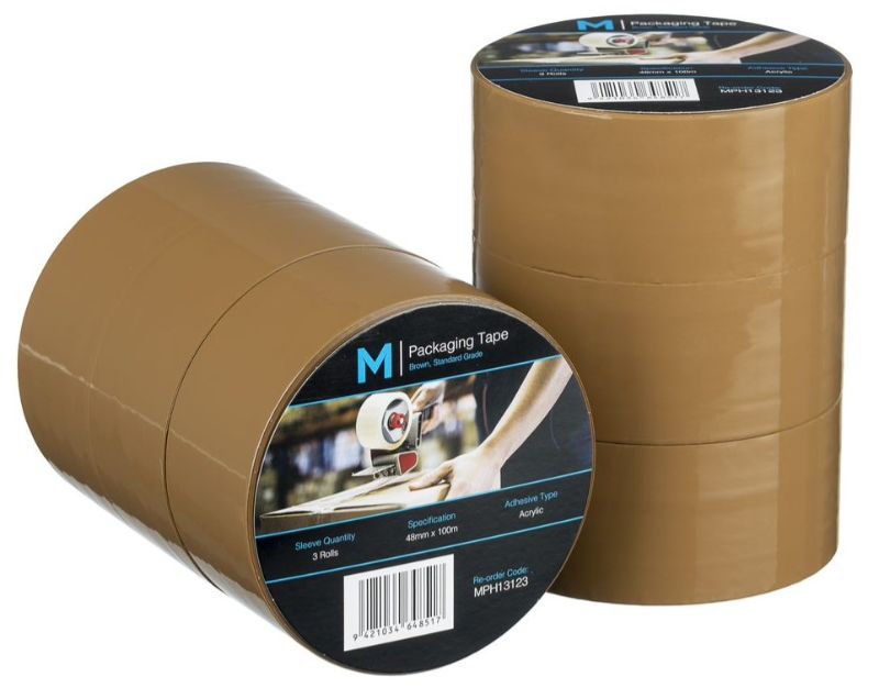 Brown acrylic packaging tape, 48mm x 100m, pack of 36 rolls for secure sealing and durable storage solutions.