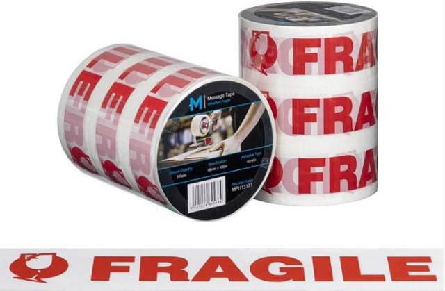 Message tape in white and red with 'Fragile' print, 48mm x 100m, bundle of 36 rolls for secure packaging and clear communication.