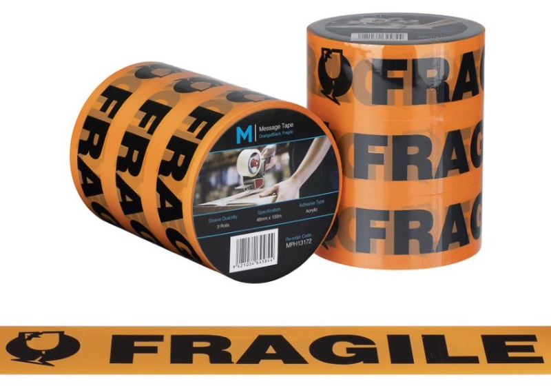 Bright orange and black fragile message tape, 48mm x 100m, pack of 36 rolls for secure shipping and clear communication.