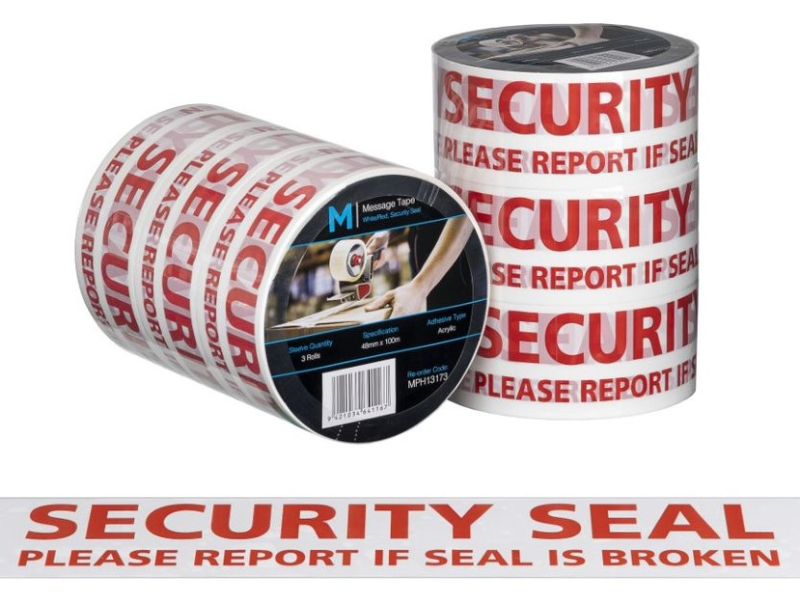 Red and white Message Tape Security Seal, 48mm x 100m, 50mu, durable polypropylene for sealing and clear messaging. Pack of 36.