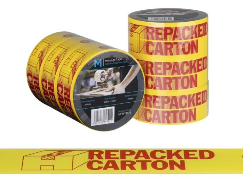 Vibrant yellow and red message tape, 48mm x 100m, ideal for secure packaging and clear communication, pack of 36 rolls.