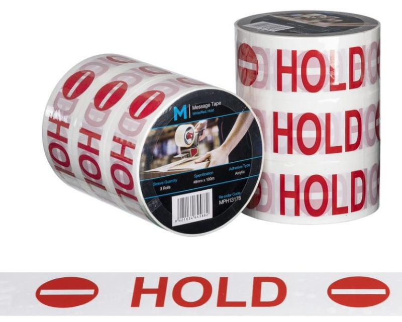Message Tape Hold in White/Red, 48mm x 100m, strong adhesive for secure packaging and clear communication, pack of 36 rolls.