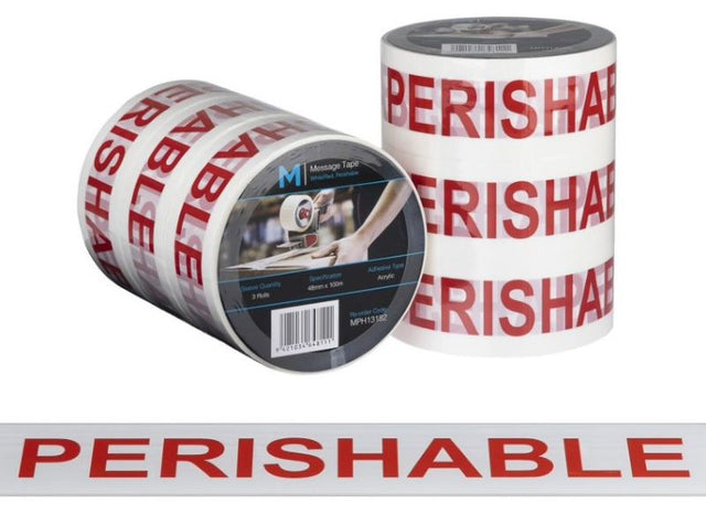 White and red message tape labeled 'Perishable', 48mm x 100m, designed for safe packaging and clear communication.