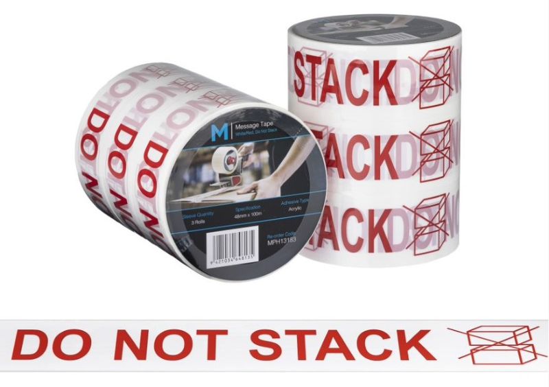 Message tape in white/red with 'Do Not Stack' message, 48mm x 100m, pack of 36 for safe shipping and handling.