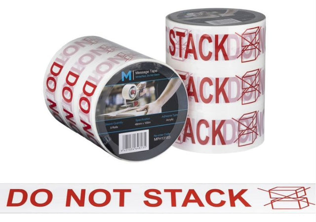 Message tape in white/red with 'Do Not Stack' message, 48mm x 100m, pack of 36 for safe shipping and handling.