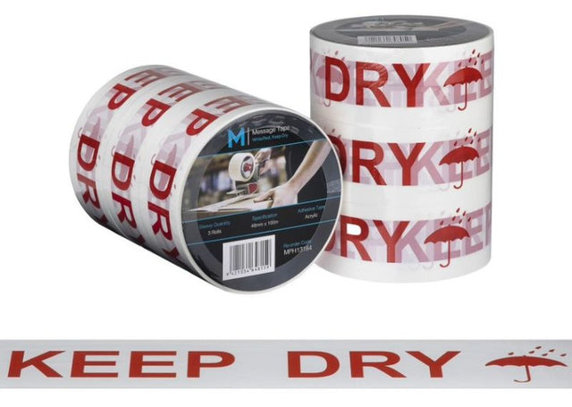 White and red message tape, 48mm x 100m, with bold 'Keep Dry' print, ideal for secure packaging and moisture protection.