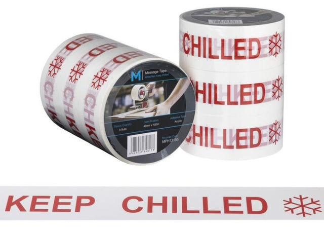 Message Tape Keep Chilled in white and red, 48mm x 100m, for clear communication on temperature-sensitive packages.
