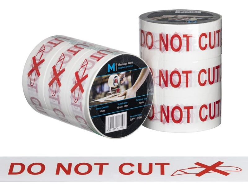 Message tape in white and red displaying 'Do Not Cut', measuring 48mm x 100m, ideal for secure packaging and clear warnings.