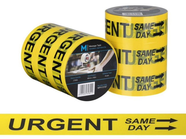Yellow and black urgent message tape, 48mm x 100m, ideal for clear communication in shipping and packaging. Pack of 36 rolls.