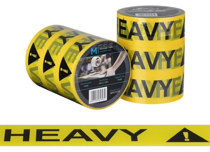 Heavy-duty yellow and black message tape, 48mm x 100m, 36 rolls; durable, bold printed for secure packaging and clear instructions.