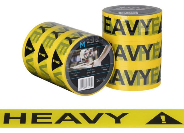 Heavy-duty yellow and black message tape, 48mm x 100m, 36 rolls; durable, bold printed for secure packaging and clear instructions.