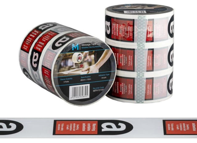 Red and white Message Tape Warning Asbestos, 48mm x 100m, pack of 36 rolls for clear hazard communication.