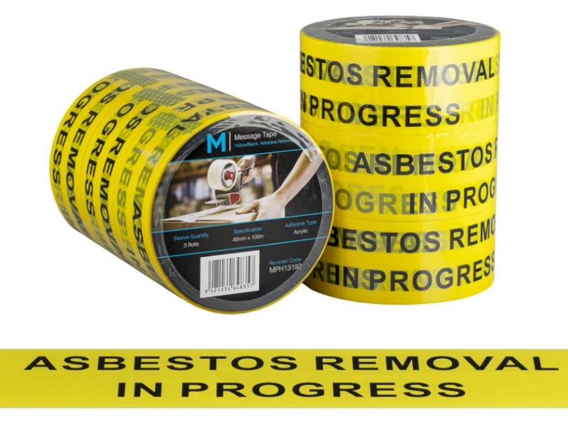 Yellow and black message tape for asbestos removal, 48mm x 100m, ensuring clear hazardous warnings and safety compliance.