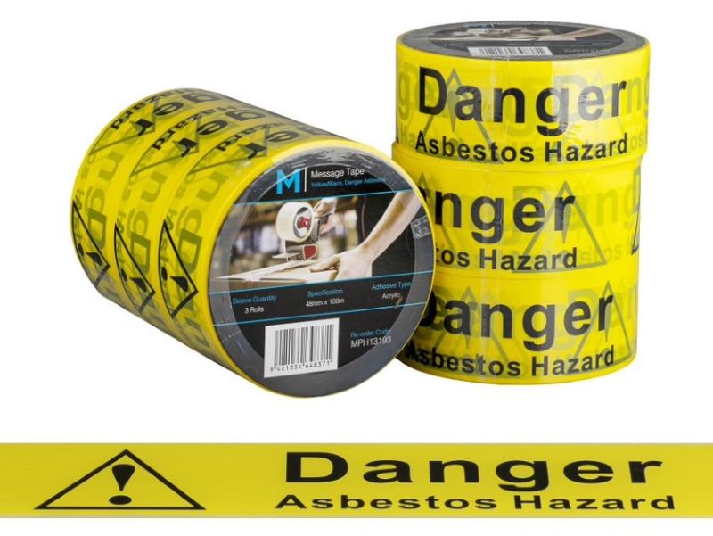 Yellow and black asbestos warning tape, 48mm x 100m, ensuring safety in hazardous environments, pack of 36 rolls.