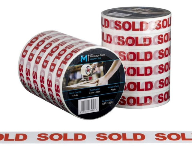 Message Tape in white and red, 24mm x 100m, ideal for secure packaging and clear labeling, pack of 72 rolls.