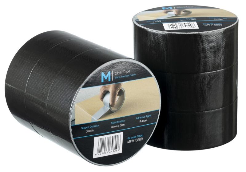 Premium black cloth tape rolls, 48mm x 30m, waterproof and strong adhesive, ideal for various indoor and outdoor projects.