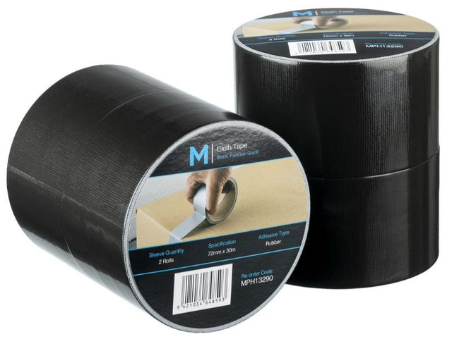 Premium black cloth tape, 72mm x 30m, waterproof with strong adhesive, perfect for crafting and industrial use, pack of 24.