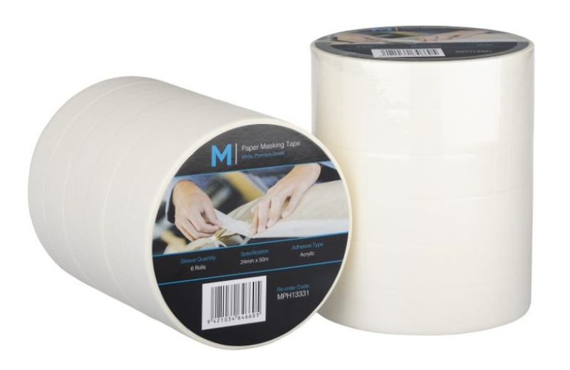 Cream paper masking tape, 24mm x 50m, pack of 72, perfect for painting, crafting, and easy residue-free removal.