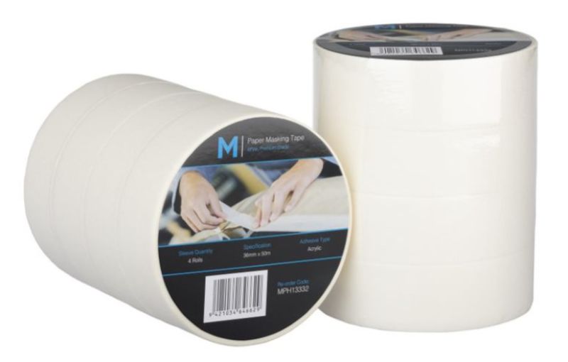Cream paper masking tape, 36mm x 50m, pack of 48, features strong adhesive for clean masking and removal, ideal for various projects.