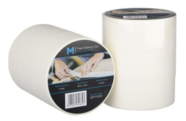 Cream paper masking tape rolls, 48mm x 50m, ideal for painting and crafting, featuring clean removal and strong adhesive. Pack of 36.