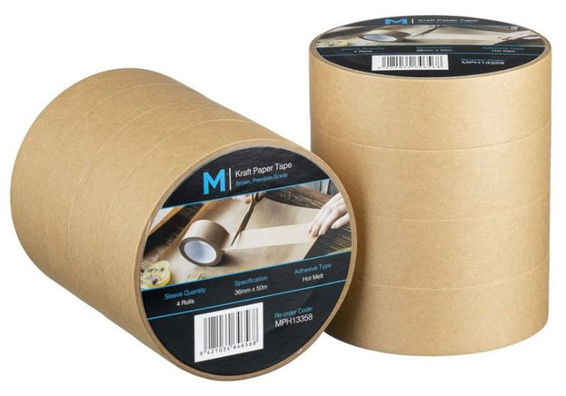 Tan kraft paper packaging tape, 36mm x 50m, strong adhesive for cardboard, eco-friendly, pack of 48 rolls for versatile use.