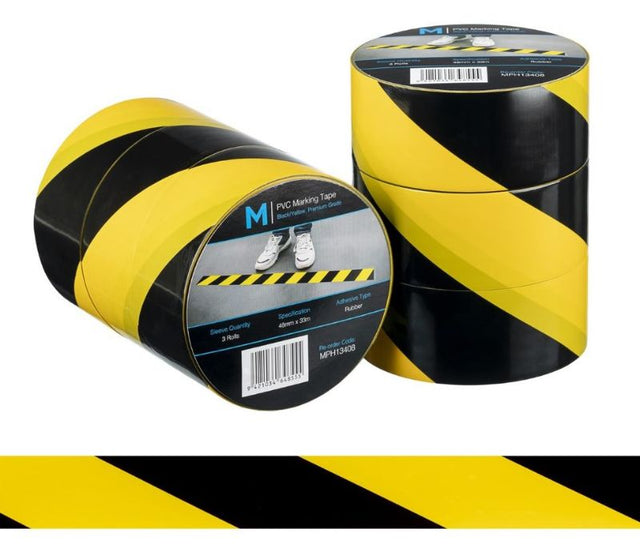 Heavy-duty yellow and black PVC floor marking tape, 48mm x 33m, ideal for safety and organization in warehouses. Pack of 36.