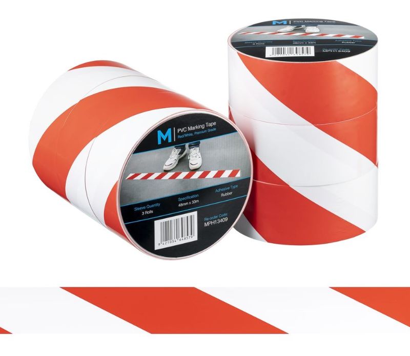 Heavy-duty white/red PVC floor marking tape, 48mm x 33m, ideal for industrial safety and organization, pack of 36 rolls.