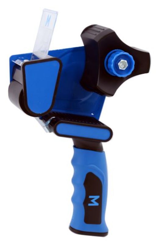 Pistol grip tape dispenser in blue and black, featuring 76mm core, ergonomic design, adjustable tension, ideal for crafting and packaging.