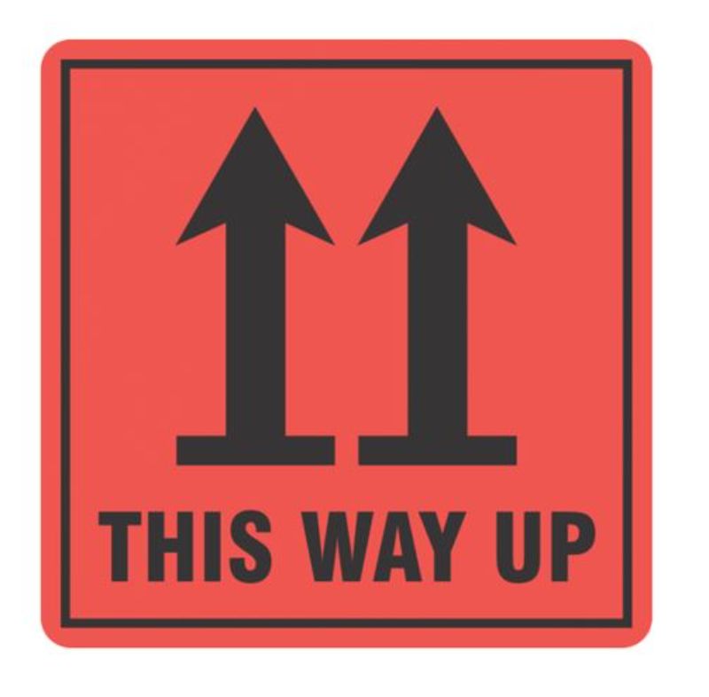 Orange and black handling labels measuring 99mm x 99mm, designed to indicate "This Way Up" for safe shipping.