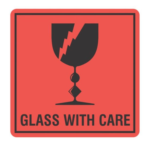 Bright orange and black label reading "Glass with Care," 99mm x 99mm, designed for safe transport of fragile items.