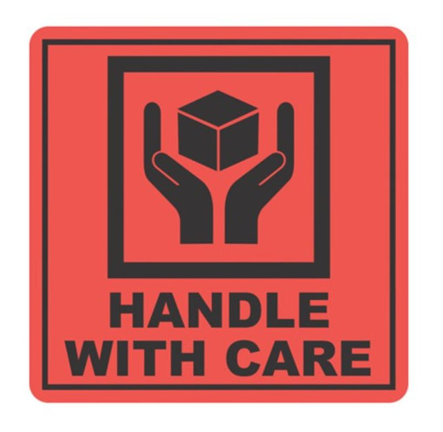 Bright orange and black "Handle With Care" labels, 99mm x 99mm, ideal for securing fragile items during shipping.