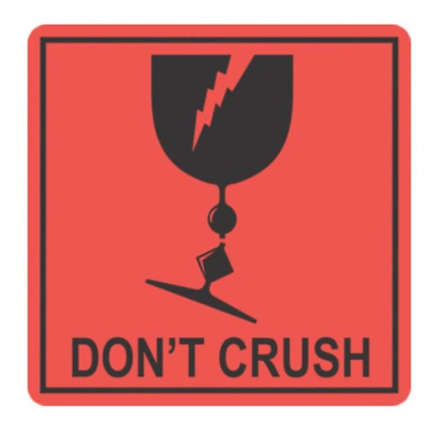 Bright orange and black "Do Not Crush" handling labels, 99mm x 99mm, designed to protect fragile packages during shipping.