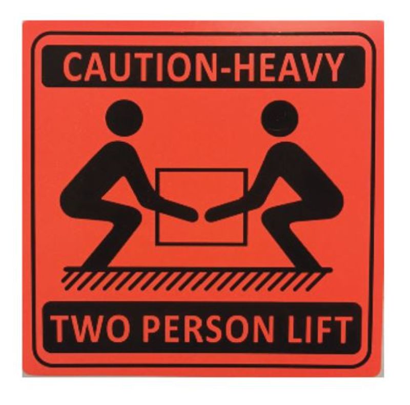 Bright orange and black handling labels for two-person lifts, 99mm x 99mm, designed for safety in shipping and transport.