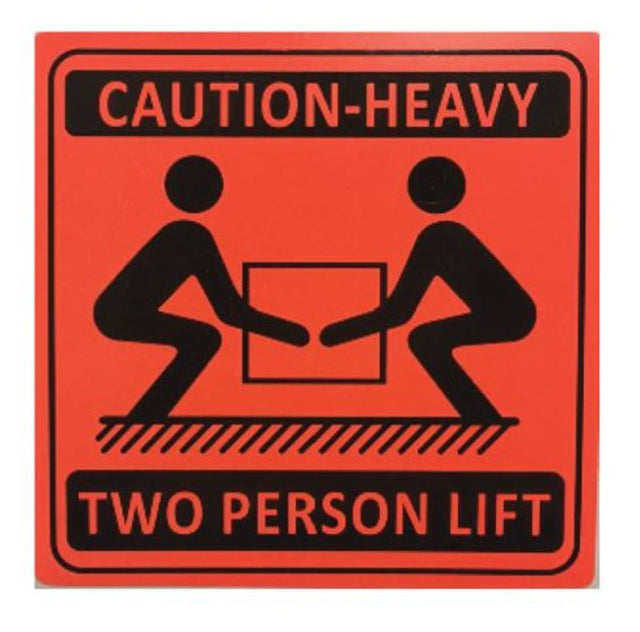 Bright orange and black handling labels for two-person lifts, 99mm x 99mm, designed for safety in shipping and transport.