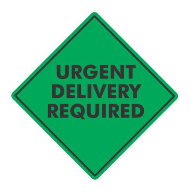 Green and black urgent delivery labels, 99mm x 99mm, with strong adhesive, clear print, and 500 per roll for safe shipping.