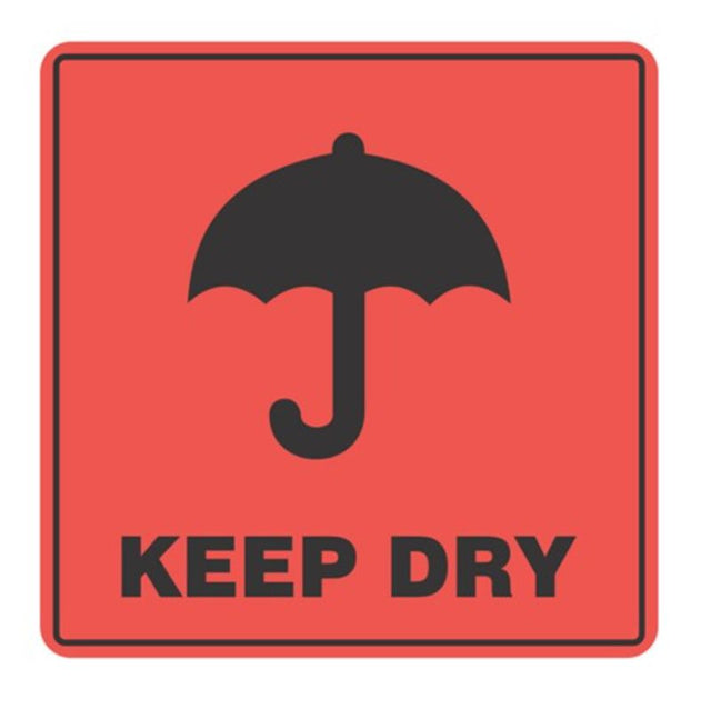 Orange and black 'Keep Dry' handling label, 99mm x 99mm, 500 labels per roll, designed for fragile item protection during shipping.