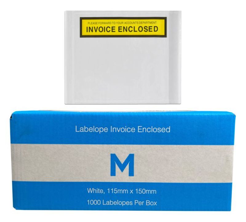 White Labelope Invoice Enclosed labelopes, 115mm x 150mm, waterproof, durable for secure document protection in shipping.