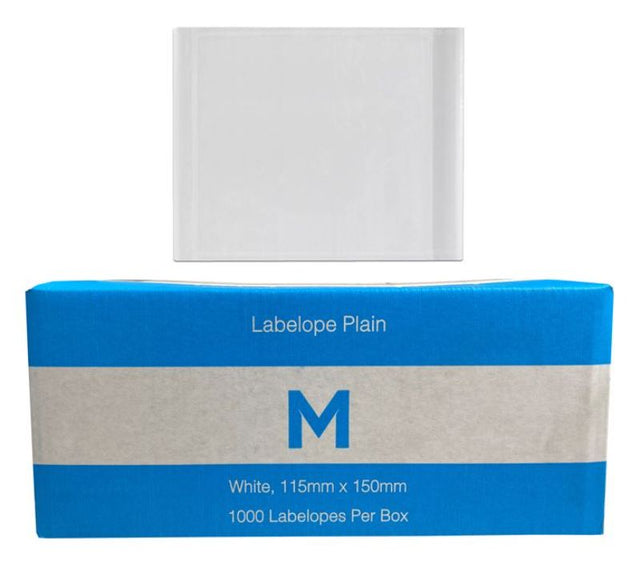 White polyethylene labelopes measuring 115mm x 150mm, ideal for securely holding shipping documents, packed 1000 units.