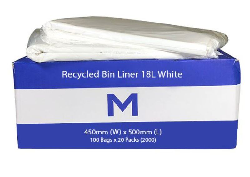 Eco-friendly 18L white bin liners, 450mm x 500mm, 20mu thickness, made from recycled plastic, box of 2400 bags.