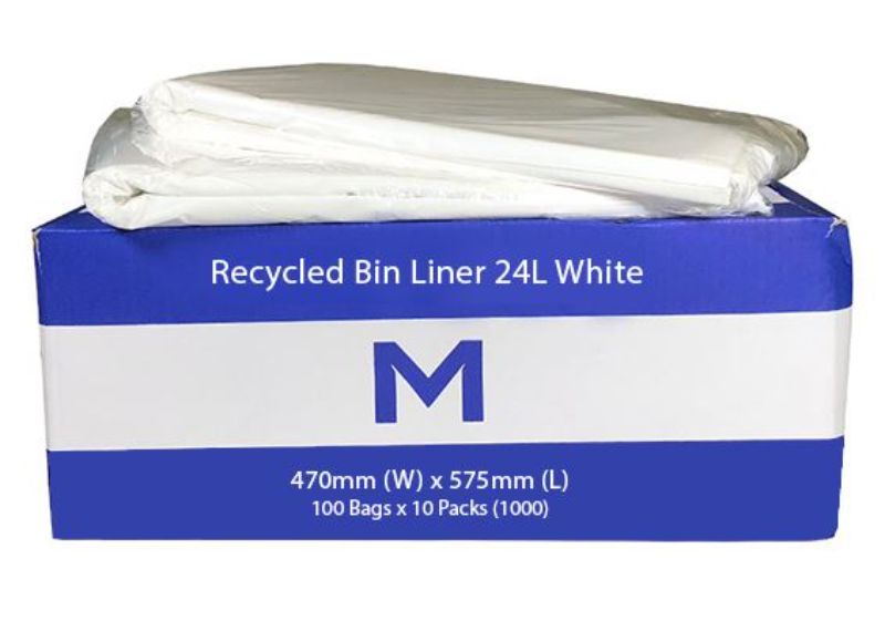 Eco-friendly FP Recycled Bin Liner 24L, white, strong 30mu material, 470mm x 575mm, ideal for waste management, box of 1000.