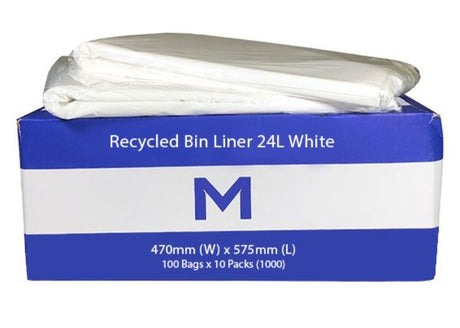 Eco-friendly FP Recycled Bin Liner 24L, white, strong 30mu material, 470mm x 575mm, ideal for waste management, box of 1000.