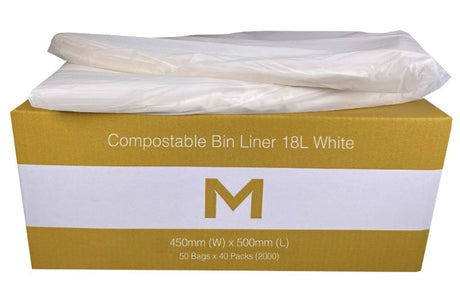 Eco-friendly 18L white compostable bin liners, made from plant materials, 450mm x 500mm, durable and ideal for waste management.