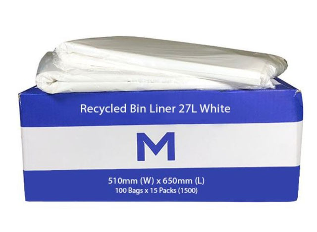 Eco-friendly 27L white recycled bin liners, 510mm x 650mm, 20mu thickness, strong and odor-resistant. Box of 1500 bags.